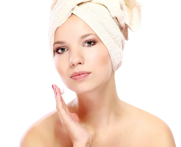 Woman with white towel on her head — Stock Photo, Image