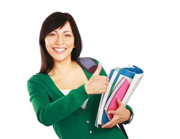 Chica de la universidad con libros que muestran ok — Foto de Stock