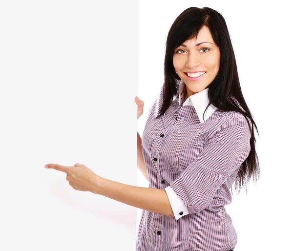 Girl showing an empty billboard — Stock Photo, Image