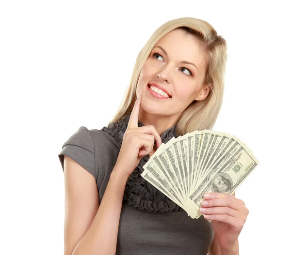 Женщина с долларами в руках — стоковое фото