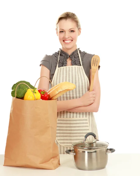 Mujer con bolsa de comestibles — Foto de Stock