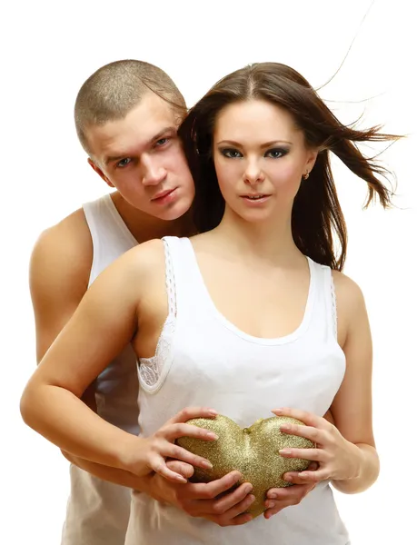 Couple Sexy holding gold heart — Stock Photo, Image