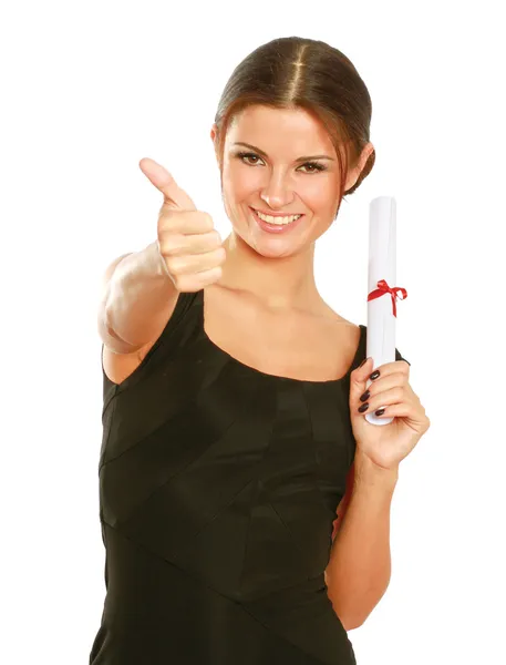 Woman student with diploma and showing ok — Stock Photo, Image