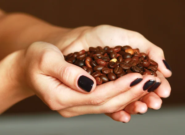 Hands cupped holding coffee beans — Stock Photo, Image