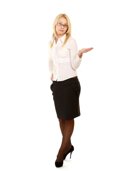 Portrait business woman shows something — Stock Photo, Image