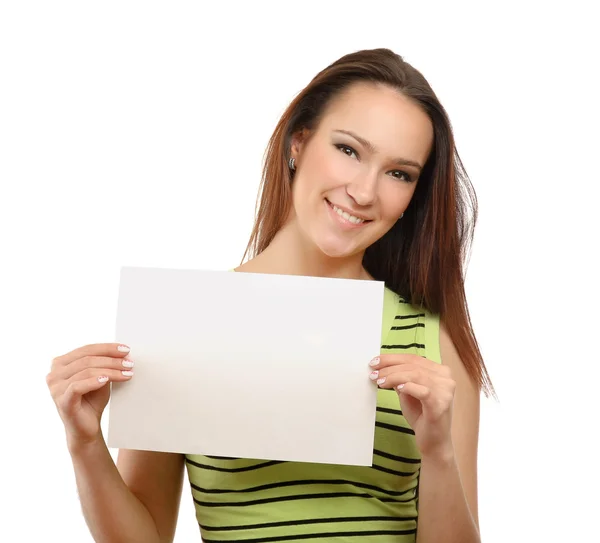 Woman holding empty white board — Stock Photo, Image