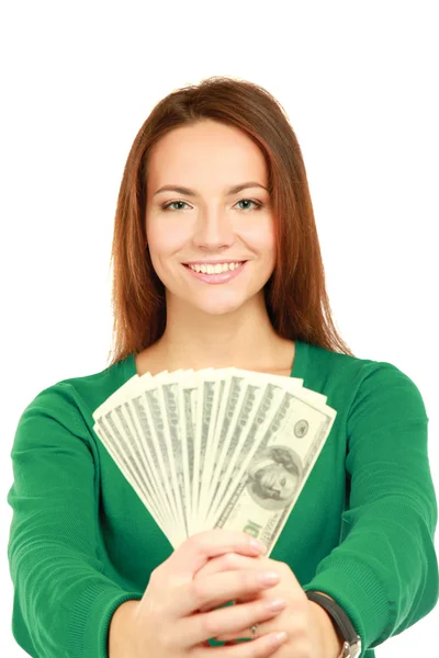Женщина с долларами в руках — стоковое фото