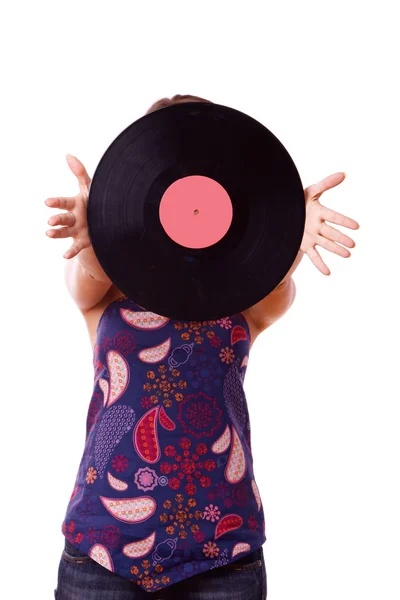 Musik. vrouw in vinyl — Stockfoto