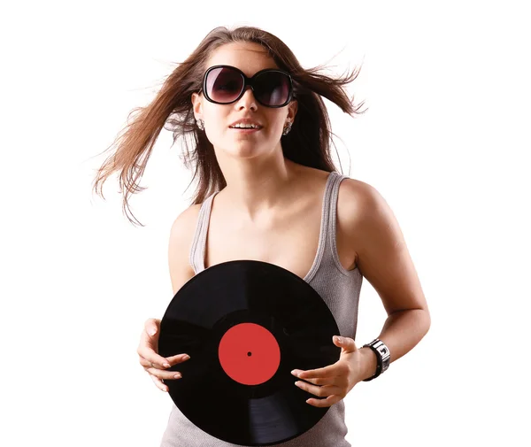 Dívka s vinyl disk closeup — Stock fotografie