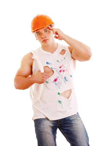 Muscular builder with a rope — Stock Photo, Image