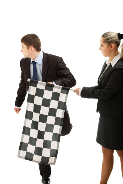 Businessman at the finish and a businesswoman holding a finish flag — Stock Photo, Image