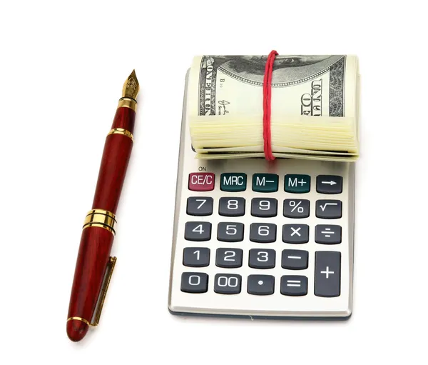 Calculadora, pluma y dólares — Foto de Stock