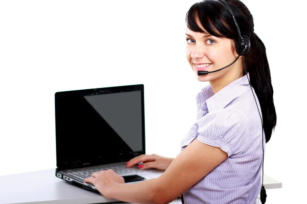 Chica de servicio con auriculares en su lugar de trabajo — Foto de Stock