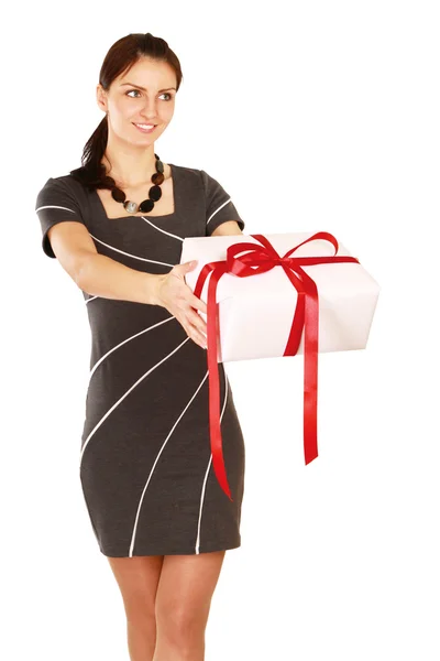 Woman is holding a gift — Stock Photo, Image