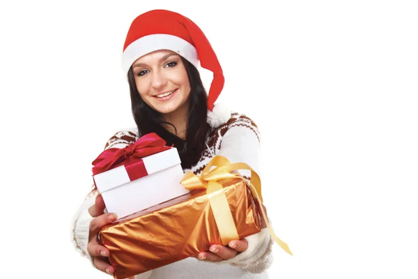 Mrs. Santa with catching a gift box — Stock Photo, Image