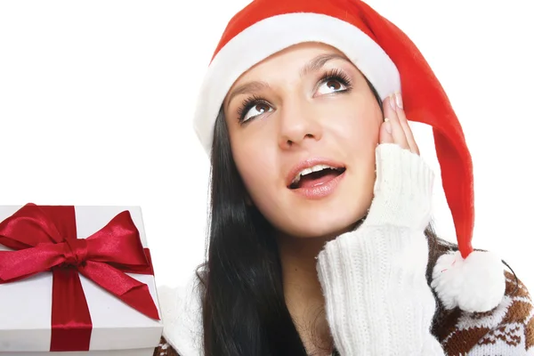 Mrs. Santa with catching a gift box — Stock Photo, Image