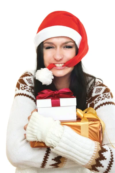 Mrs. Santa with catching a gift box — Stock Photo, Image