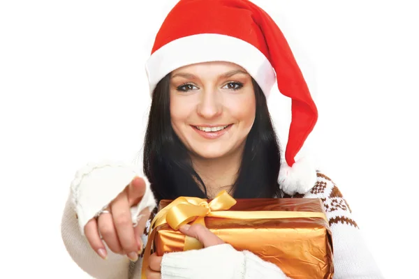 Sra. Santa com a captura de uma caixa de presente — Fotografia de Stock