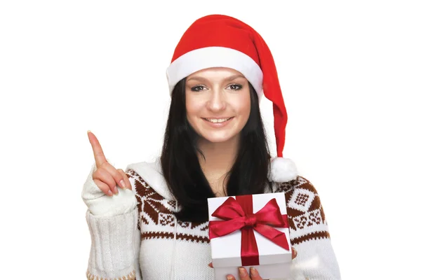 Mrs. santa mit fangen einer geschenkschachtel — Stockfoto