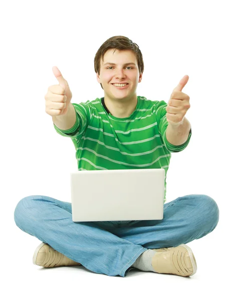 Man with laptop and showing ok — Stock Photo, Image