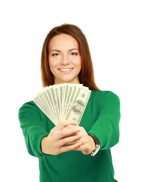 Woman with dollars in her hands — Stock Photo, Image