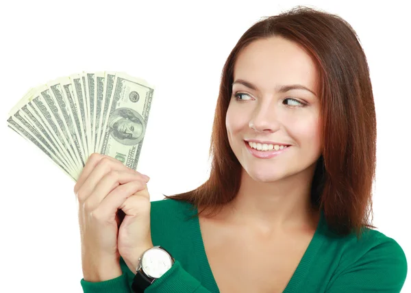 Woman with dollars in her hands — Stock Photo, Image