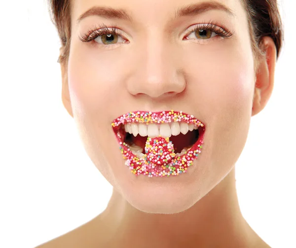 Woman lips with multicolored pearls — Stock Photo, Image