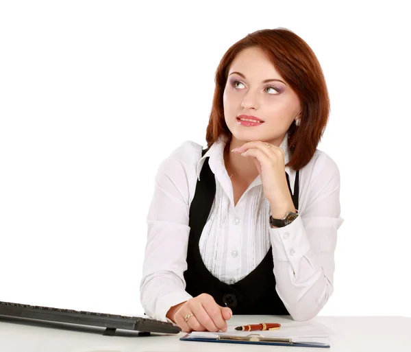 Woman sitting on the desk with papers — Stock Photo, Image