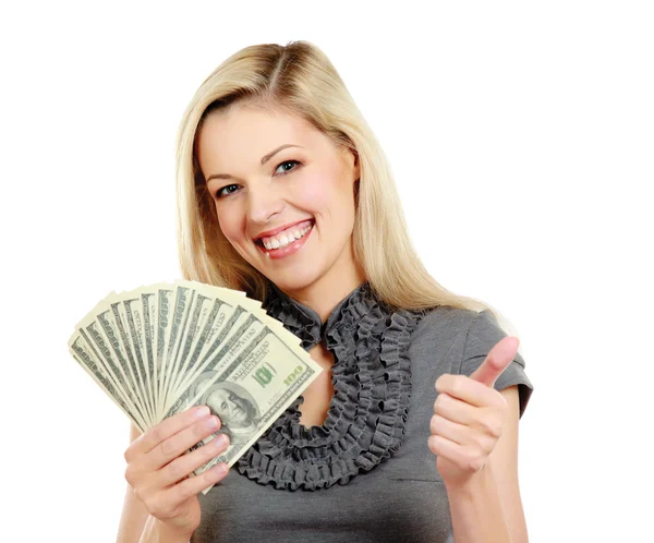 Woman with dollars and showing ok — Stock Photo, Image