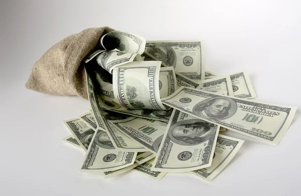 Sack with one hundred dollar bills — Stock Photo, Image