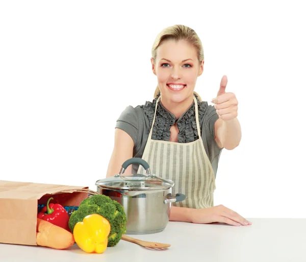 Woman with grocery bag and showing ok — Stock Photo, Image