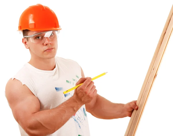 Trabajador de construcción en topless con madera — Foto de Stock