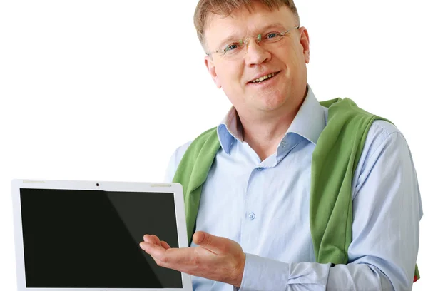 Mann präsentiert Laptop — Stockfoto