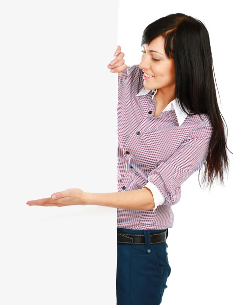 Woman with blank board banner — Stock Photo, Image