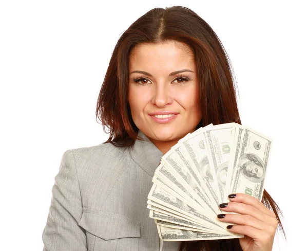 Vrouw met dollars in haar handen — Stockfoto