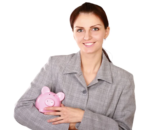 Frau steht mit Sparschwein (Spardose)) — Stockfoto