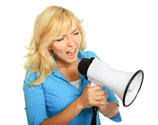 Mladá dívka křičí s megafon — Stock fotografie