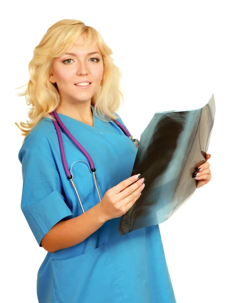 Female doctor examining an X-ray picture — Stock Photo, Image