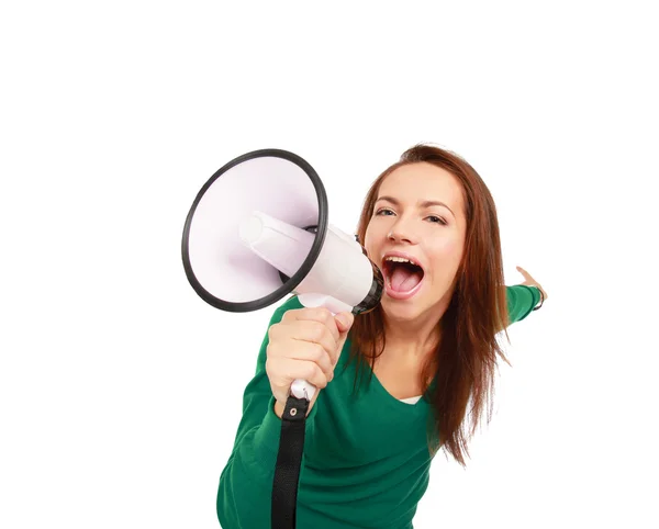 Jeune fille crier avec mégaphone — Photo