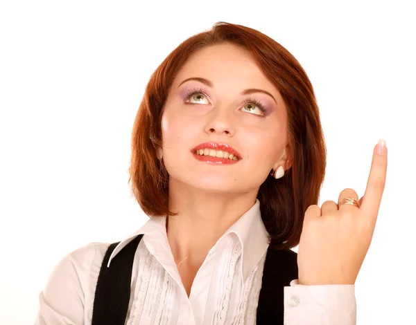 Retrato de una mujer señalando hacia arriba — Foto de Stock