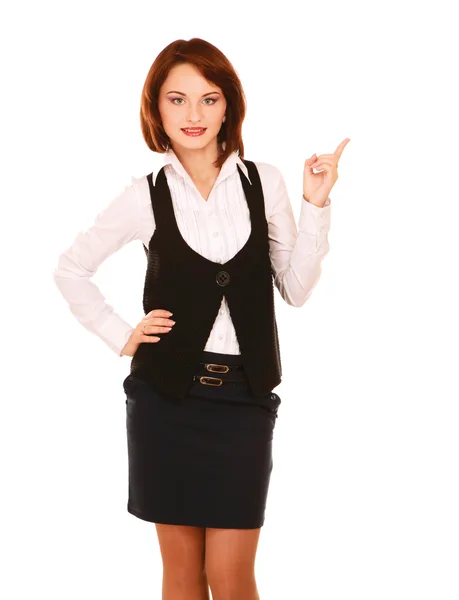 Portrait of a smiling young woman pointing up — Stock Photo, Image