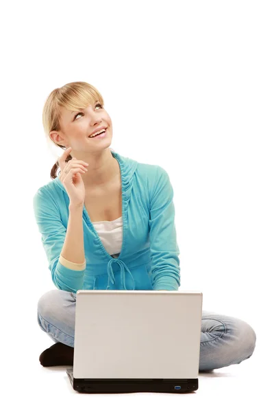 Girl laptop and looking up — Stock Photo, Image