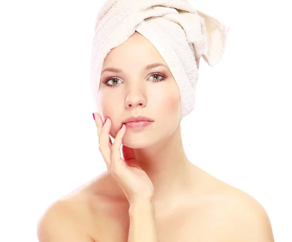 Woman with  towel on her head — Stock Photo, Image