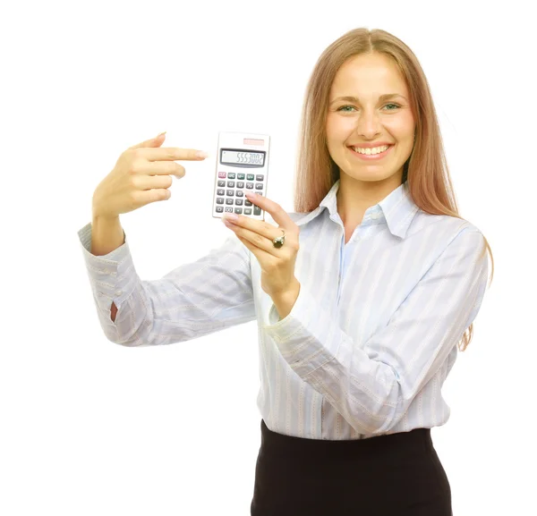 Üzletasszony mutatva egy számológép — Stock Fotó