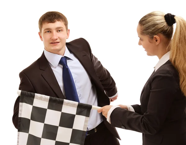 Businesspeople and finish flag — Stock Photo, Image