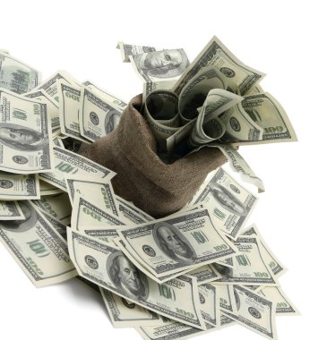 Canvas money sack with one hundred dollar bills. clipart