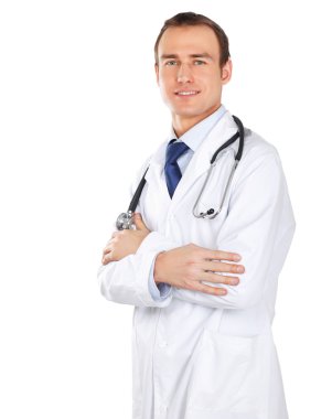 Steteskoplu genç doktorun portresi.