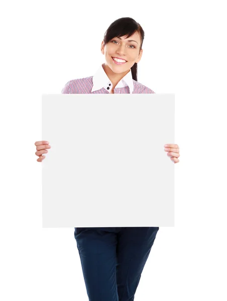 Young woman holding empty white board. — Stock Photo, Image