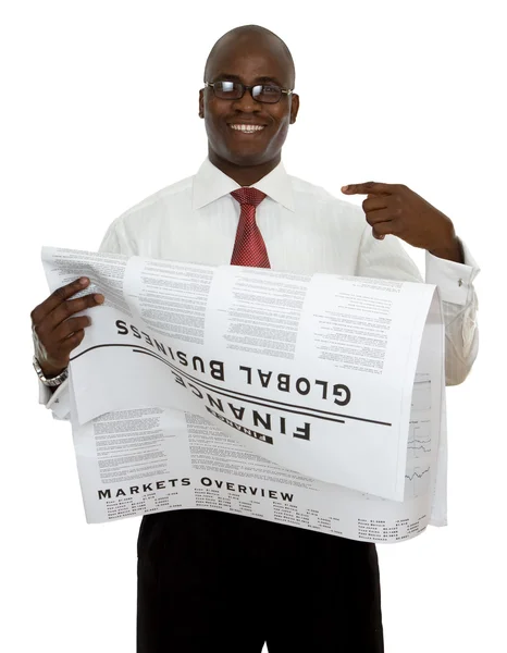 Empresario afroamericano leyendo periódico — Foto de Stock