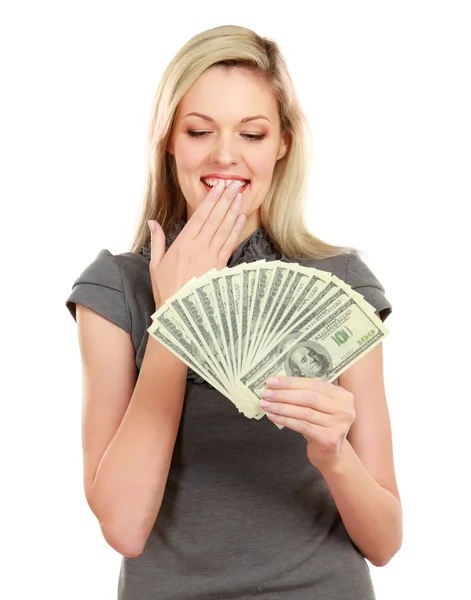 Woman with dollars in her hands — Stock Photo, Image